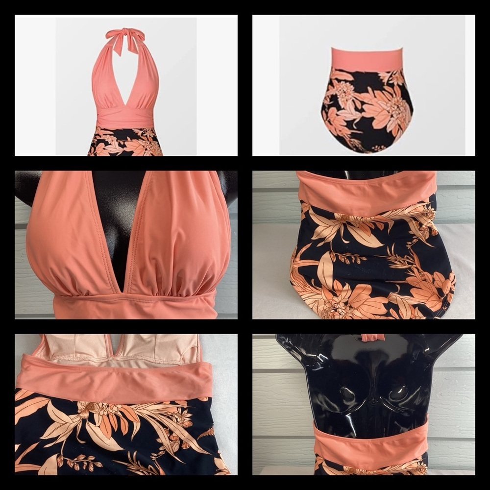 Peach top floral bottom one piece swimsuit.40-M/40-L - Picture 4 of 6